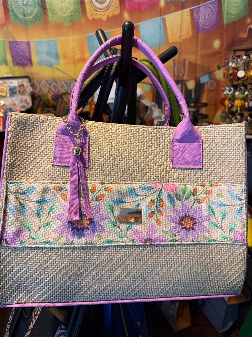 Floral Lavender-Trim Woven Tote Bag